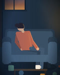 Ilustración: una persona sentada sola en el sillón del living, con una taza en la mesa ratona y la luz baja