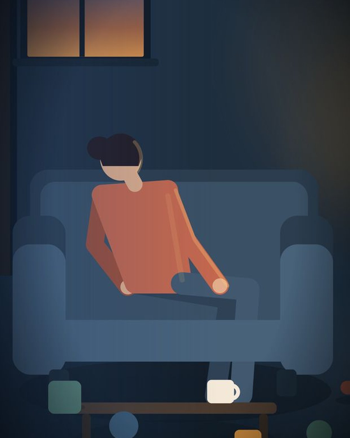 Ilustración: una persona sentada sola en el sillón del living, con una taza en la mesa ratona y la luz baja