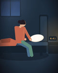 Ilustración: una persona sentada al borde de la cama en un dormitorio a oscuras, con el despertador marcando las 4:41