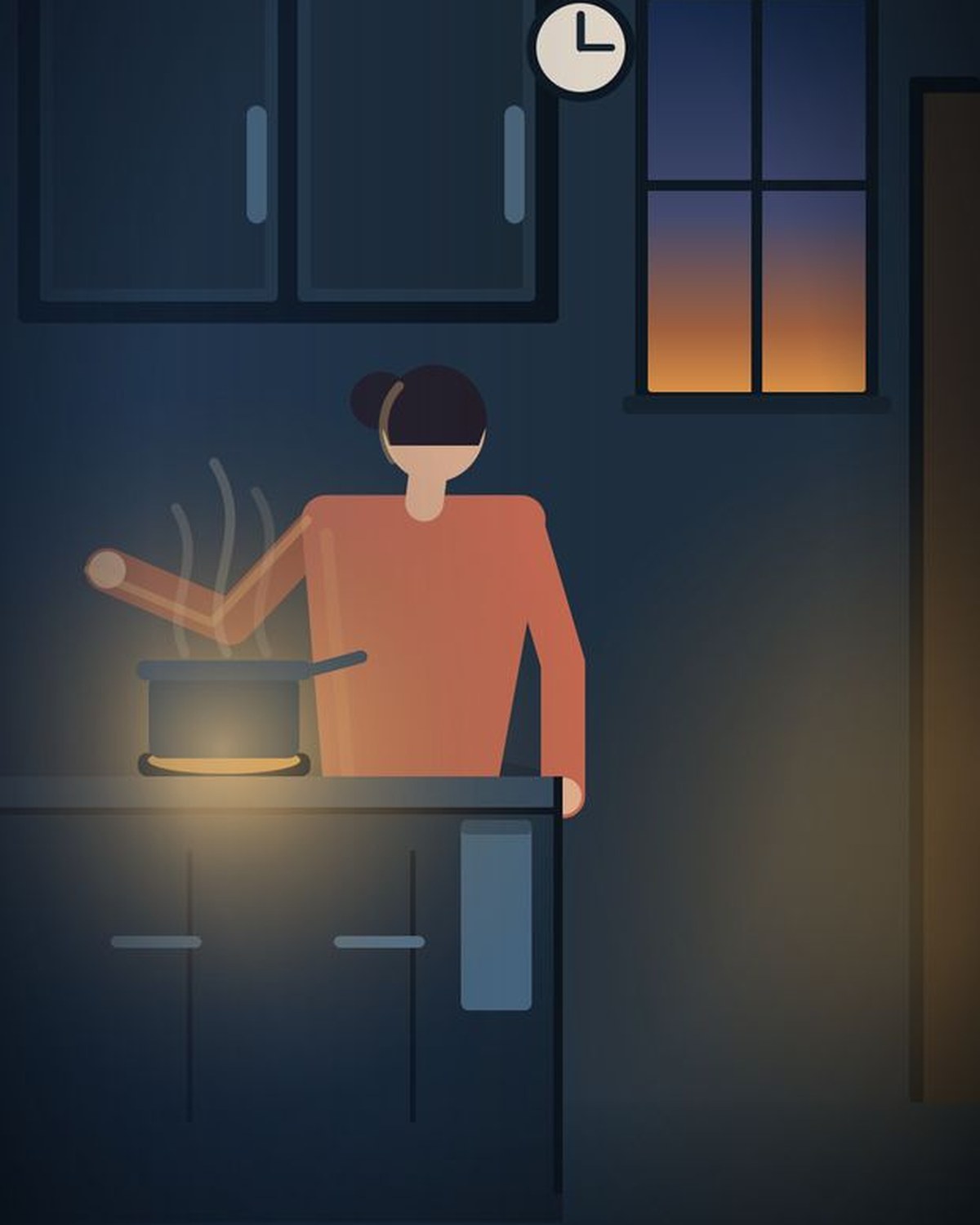 Ilustración: una persona revolviendo una olla en la mesada de la cocina, con el reloj de pared y la ventana al atardecer