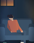 Ilustración: una persona sola en el sillón del living, de noche, con la luz apagada