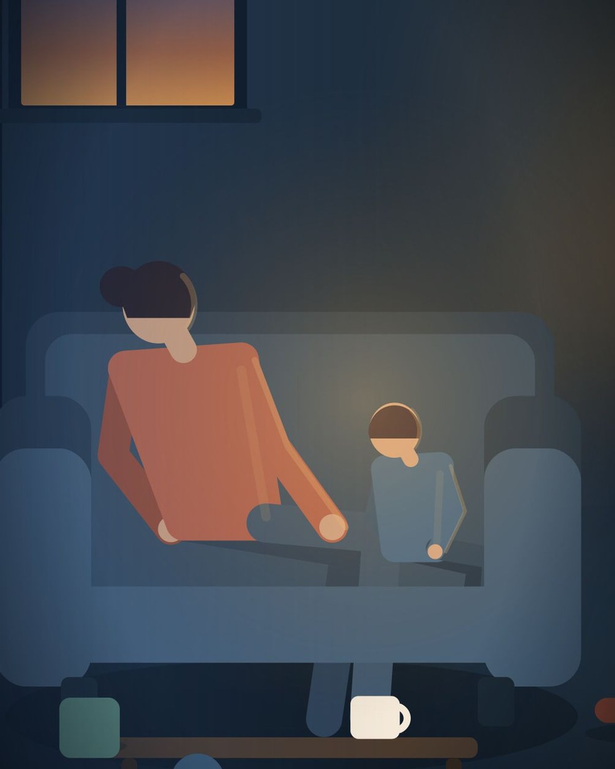 Ilustración: una persona en el sillón del living de noche y un chico parado al lado, con una taza en la mesa